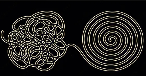 Zeichnung: ein Gewirr aus Linien geht in eine geordnete Spirale über